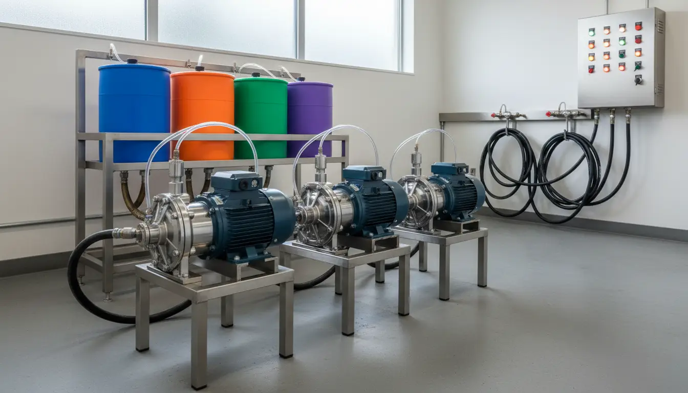 A car wash equipment room: plunger pumps on stands, chemical drums and high-pressure hoses