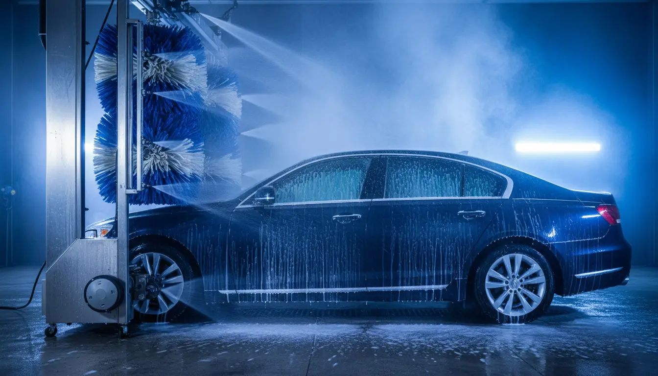 Combination wash gantry running soft foam brushes and oscillating high-pressure nozzles together, heated foam presoak steaming off a vehicle