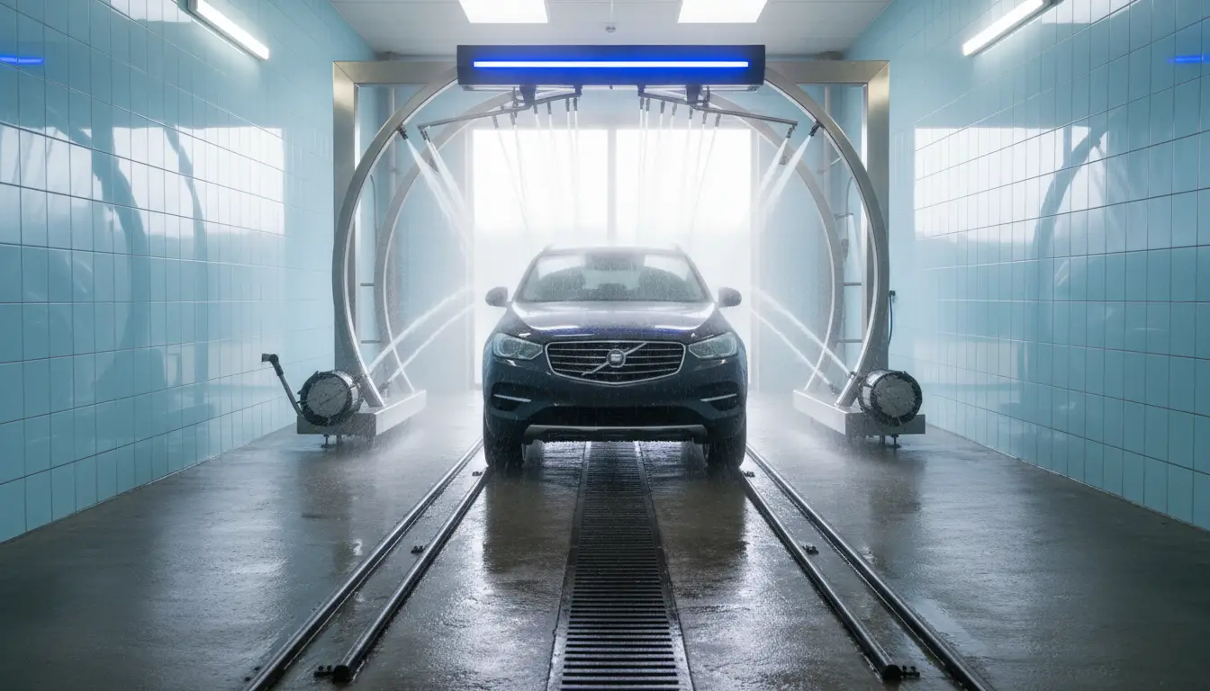 A stainless touch-free in-bay automatic wash mid-cycle, spray arcs over wet concrete and a drain grate